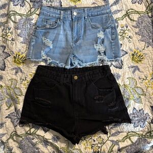 SHEIN Two-Pack Distressed Jean Shorts in Light Blue and Black
